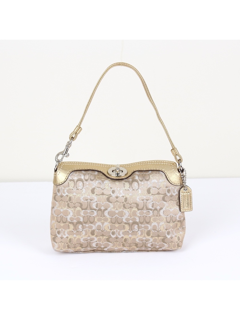 Coach Vintage Y2K Champagne Gold Lurex Monogram Turnlock Wristlet Clutch Bag